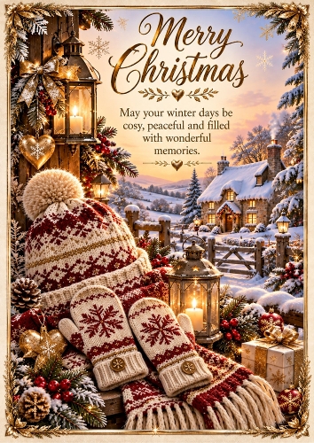  Knitted Winter Cottage Christmas Luxury A4 Portrait Card Topper