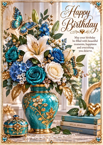 Luxury Birthday Turquoise And Gold Garden A4 Portrait Card Topper