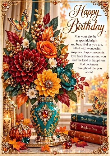 Autumn Jewelled Birthday Bouquet Luxury A4 Portrait Card Topper