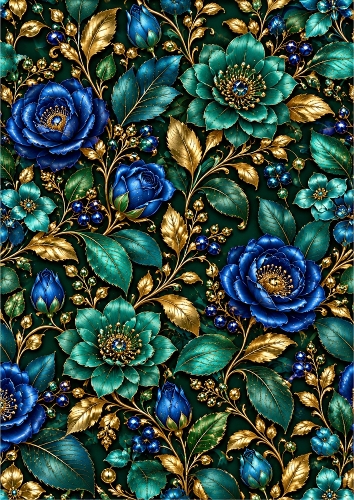 Emerald And Sapphire Botanicals A4  Luxury Seamless Pattern Background 