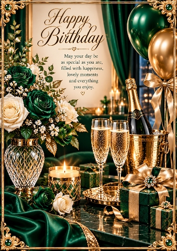 Emerald, Champagne And Gold Luxury Birthday A4 Portrait Card Topper