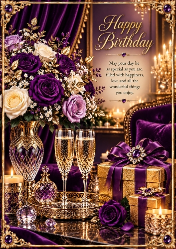 Royal Purple And Gold Luxury Birthday A4 Portrait Card Topper