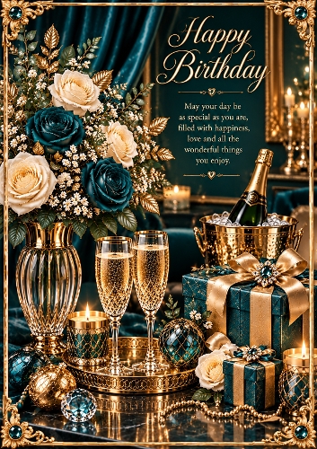 Midnight Teal And Gold Luxury Birthday A4 Portrait Card Topper