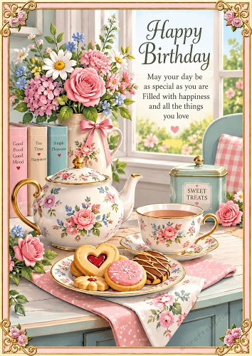 Pretty Tea And Biscuits A4 Portrait Birthday Card Topper