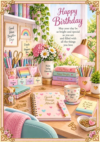 Rainbow Stationery Desk A4 Portrait Birthday Card Topper