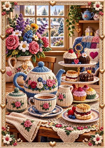 Cosy Knitted Afternoon Tea A4 Portrait Card Topper 