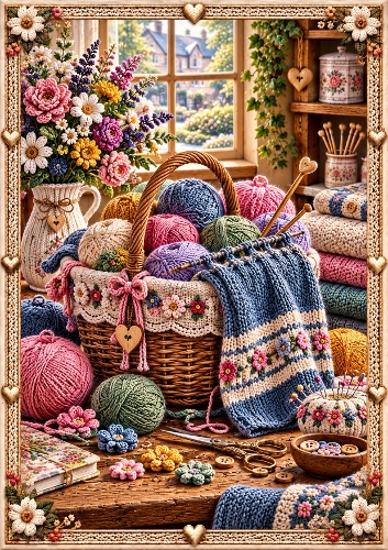 Knitted Knitting Basket Scene A4 Portrait Card Topper 