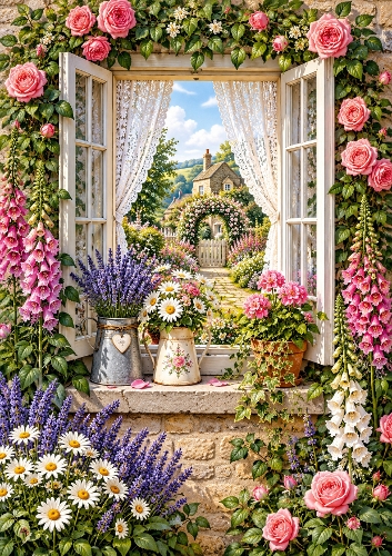 Cottage  Garden Window A4 Portrait Card Topper 