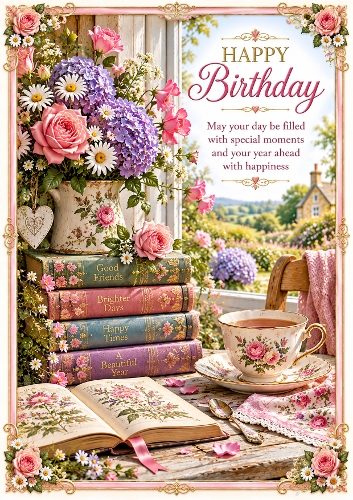 Floral Book And Tea Cup A4 Portrait Card Topper 