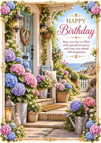 Hydrangea Porch A4 Portrait Birthday Card Topper 