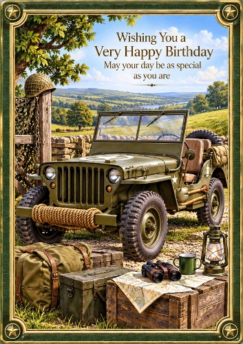 Vintage Army Jeep A4 Portrait Birthday Card Topper