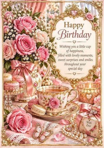 Tea Cup And Roses Birthday A4 Card Topper