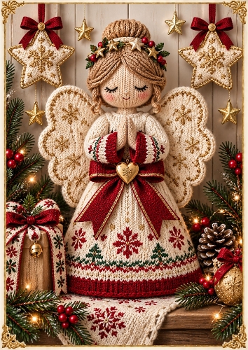 Knitted Christmas Angel Theme A4 Card Topper
