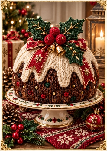 Knitted Christmas Pudding Theme A4 Card Topper