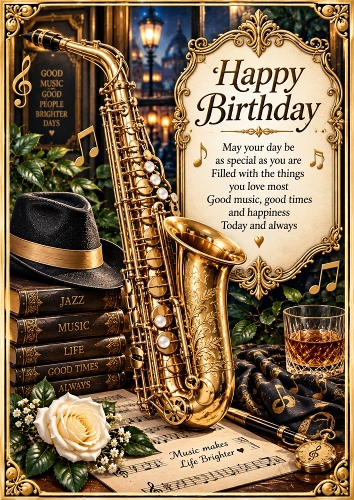 Vintage Saxophone A4 Portrait Birthday Card Topper