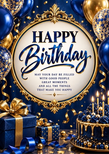 Royal Blue And Gold Birthday A4 Card Topper