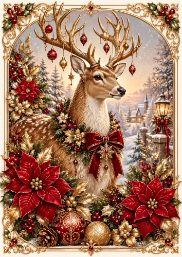 Golden Reindeer And Poinsettias Christmas A4 Portrait Card Topper