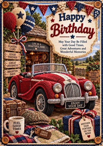 Knitted Classic Car Birthday A4 Portrait Card Topper