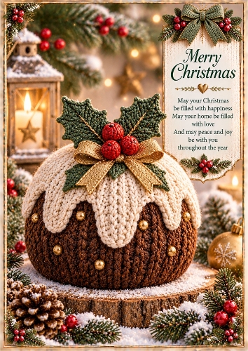 Knitted Christmas Pudding A4 Portrait Card Topper