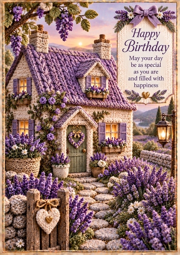 Knitted Lavender Cottage Birthday A4 Portrait Card Topper