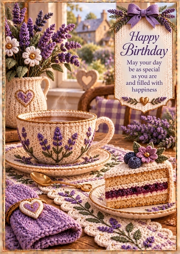 Knitted Tea And Cake Birthday A4 Portrait Card Topper