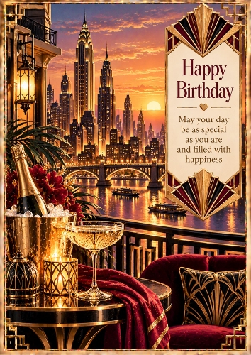 Art Deco City Skyline Birthday A4 Portrait Card Topper
