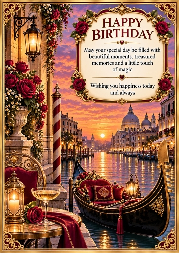 Venetian Gondola at Twilight Birthday A4 Portrait Card Topper