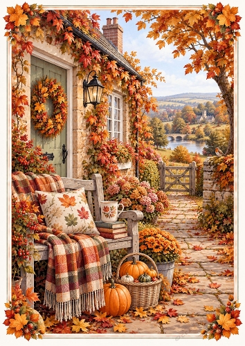Autumn Country Cottage A4 Portrait