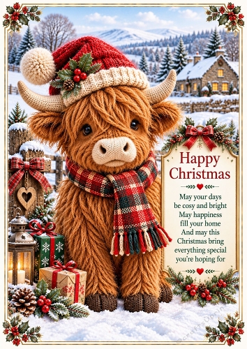 Knitted Cute Christmas Highland Cow A4 Portrait Christmas Card Topper
