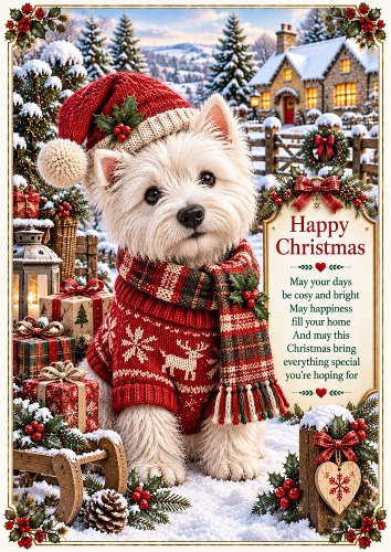 Knitted Cute Westie A4 Portrait Christmas Card Topper