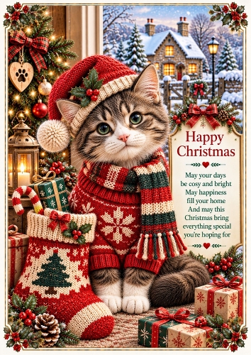 Knitted Cute Christmas Cat A4 Portrait Christmas Card Topper