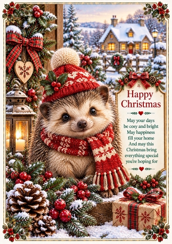 Knitted Cute Christmas Hedgehog A4 Portrait Christmas Card Topper