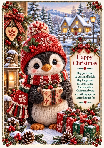 Knitted Cute Christmas Penguin A4 Portrait Christmas Card Topper