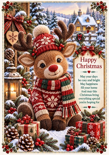 Knitted Cute Christmas Reindeer A4 Portrait Christmas Card Topper