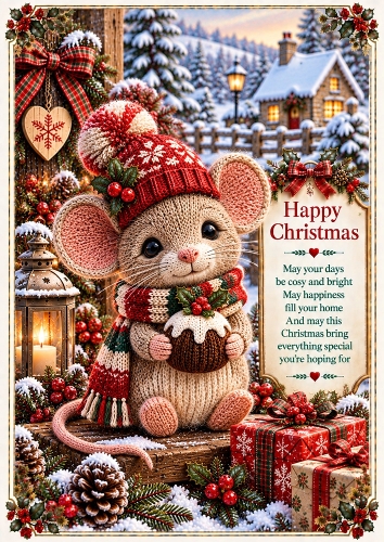 Knitted Cute Christmas Mouse A4 Portrait Christmas Card Topper