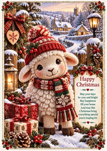 Knitted Cute Christmas Sheep A4 Portrait Christmas Card Topper
