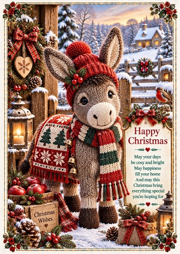 Knitted Cute Christmas Donkey A4 Portrait Christmas Card Topper