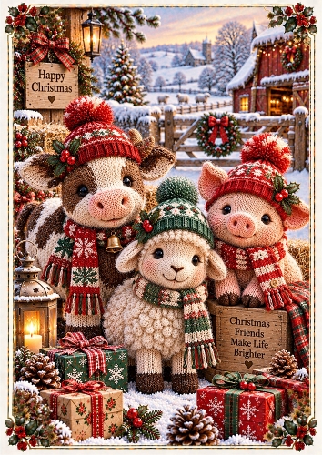 Knitted Cute Christmas Farmyard Animals A4 Portrait Christmas Card Topper