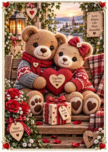 Knitted Anniversary Bears A4 Portrait Card Topper