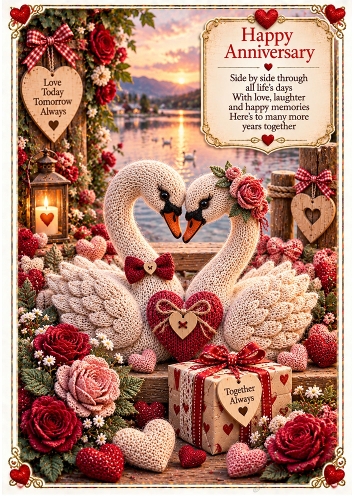 knitted Anniversary Swans A4 Portrait Card Topper