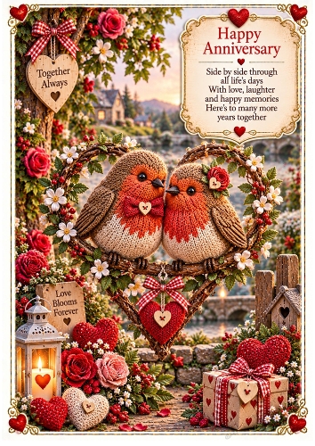 knitted Anniversary Robins A4 Portrait Card Topper