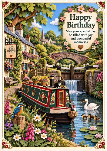Layered Paper-Cut Canal Boat Scene A4 Birthday Card Topper