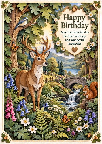 Layered Paper-Cut Woodland Deer A4 Portrait Birthday Card Topper