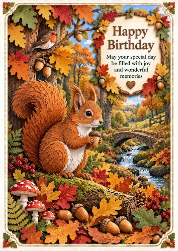 Layered Paper-Cut Squirrel And Autumn Leaves A4 Portrait Birthday Card Topper