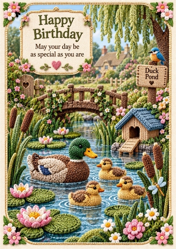 Knitted Little Duck Pond Birthday A4 Portrait Card Topper