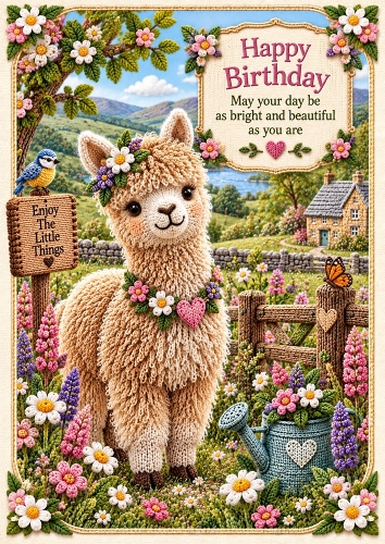 Knitted Alpaca Flower Meadow Birthday A4 Portrait Card Topper