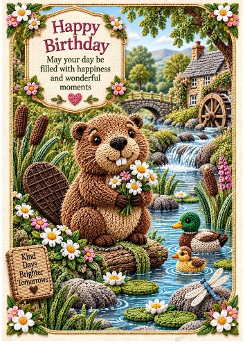 Knitted Beavers Little River Birthday A4 Portrait Card Topper