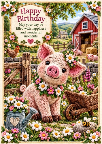 Knitted Piglets Farmyard Birthday A4 Portrait Card Topper