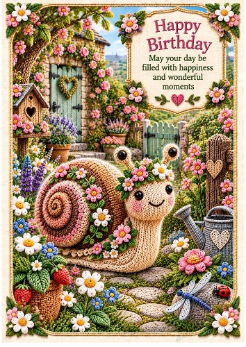 Knitted Snails Secret Garden Birthday A4 Portrait Card Topper