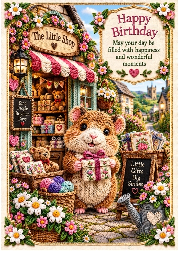 Knitted Little Hamsters Shop Birthday A4 Portrait Card Topper